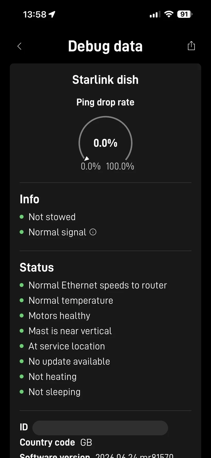 The Starlink app Debug data screen showing an all-green health checklist