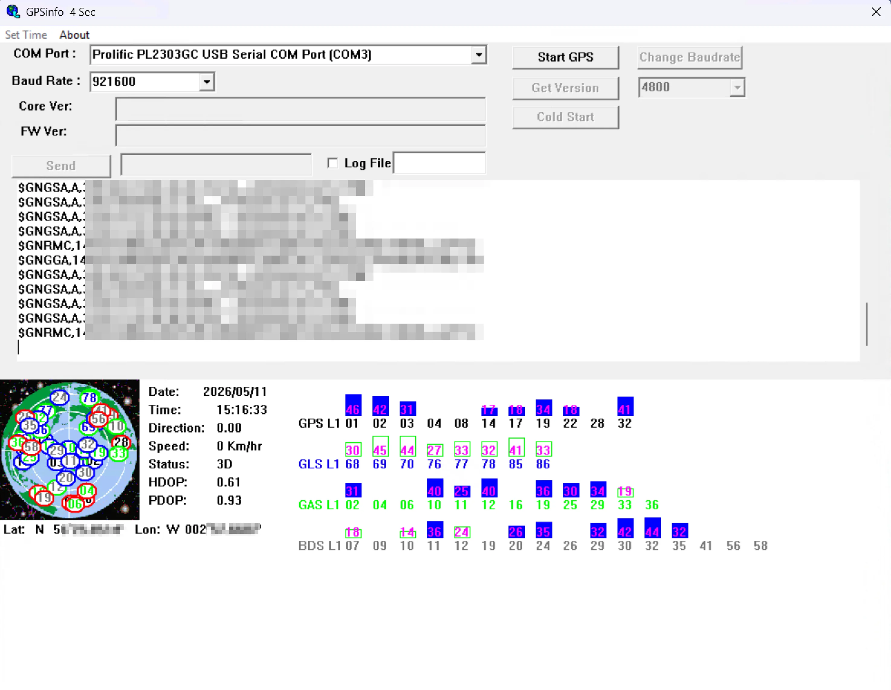 GlobalSat GpsInfo utility showing the BU-353N5 at 921600 baud with GPS, GLONASS, Galileo, and BeiDou active