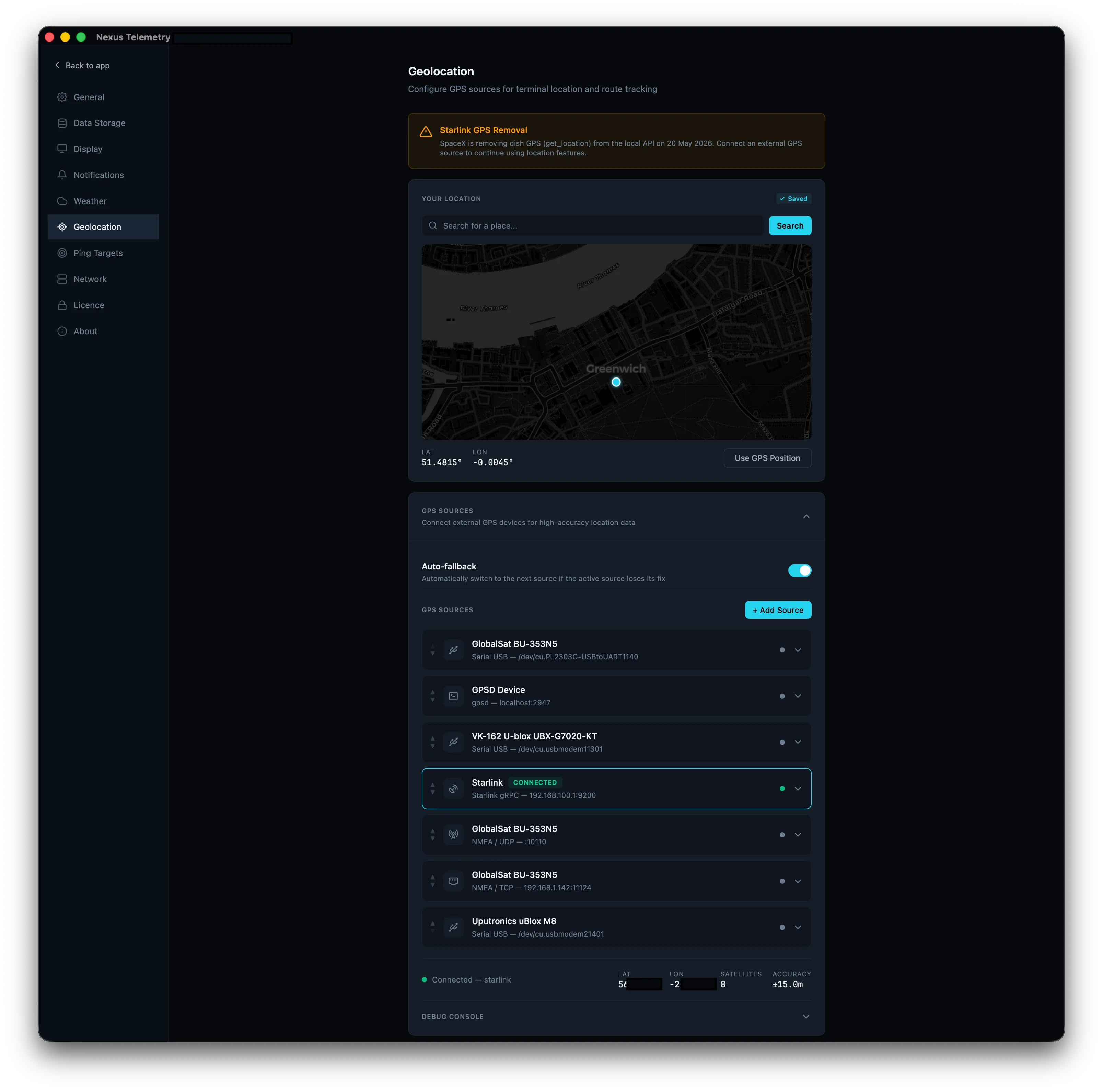 Nexus Telemetry Geolocation settings showing GPS sources and auto-fallback