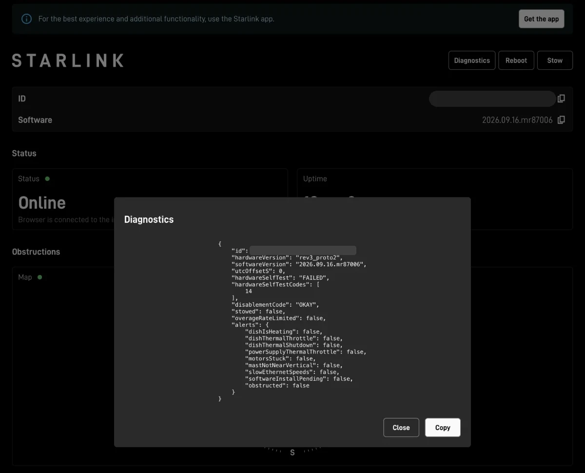 Diagnostics on my dish: hardwareSelfTest FAILED, code 14
