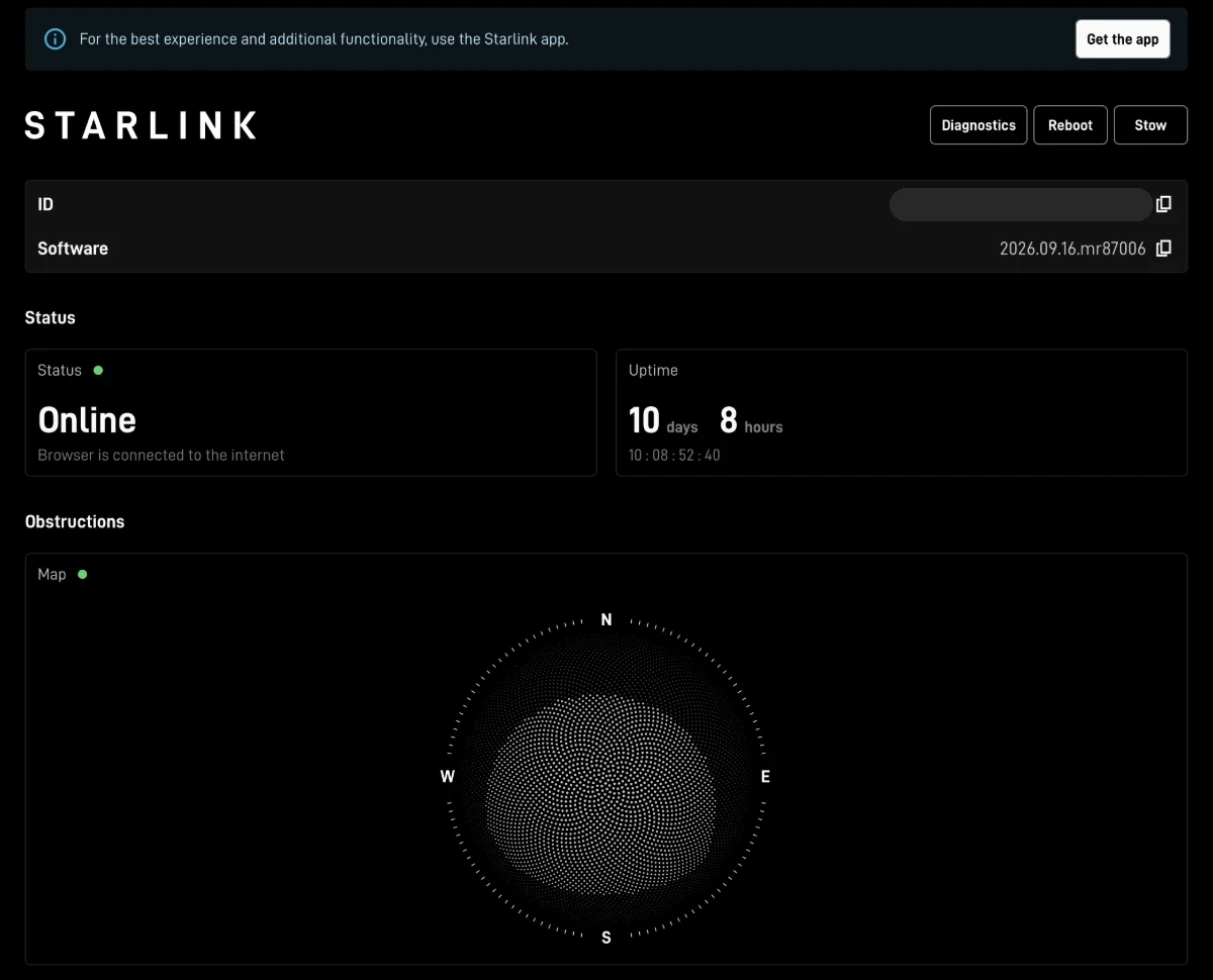 The Starlink dish's own page at 192.168.100.1