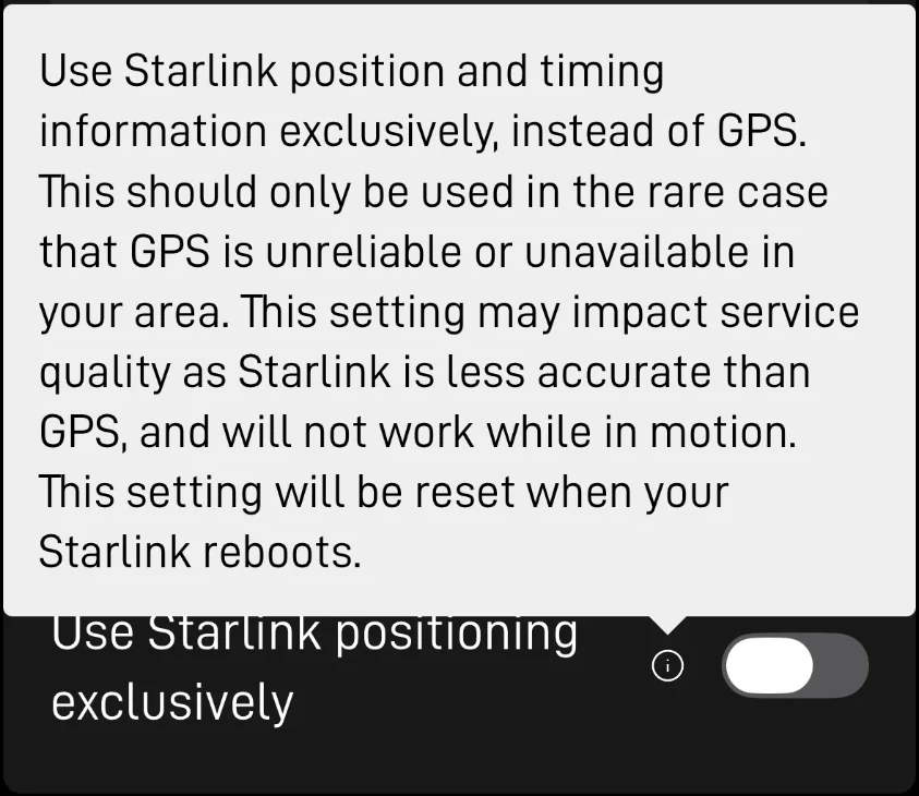 The Starlink app's option to use Starlink positioning instead of GPS